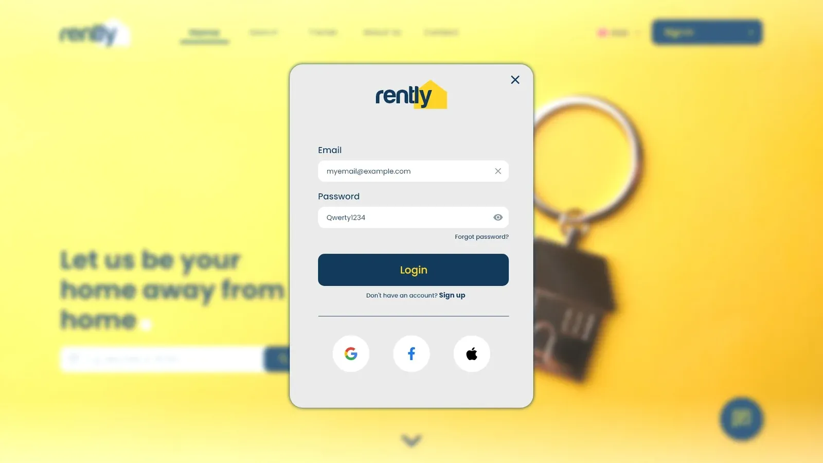 The sign-in window with an email and password filled in