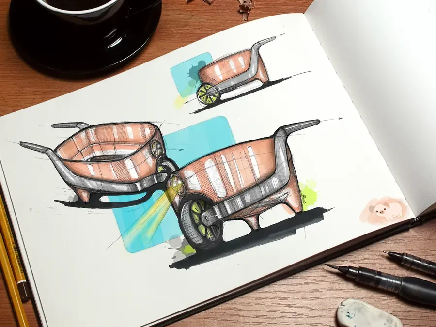 Sketchbook page with two wheelbarrow concepts
