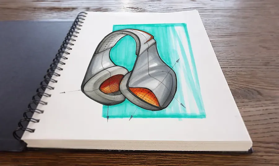Marker sketch of a looped grey and orange device on a teal backdrop