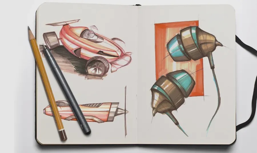 Sketchbook page with a racing car and two tool concepts