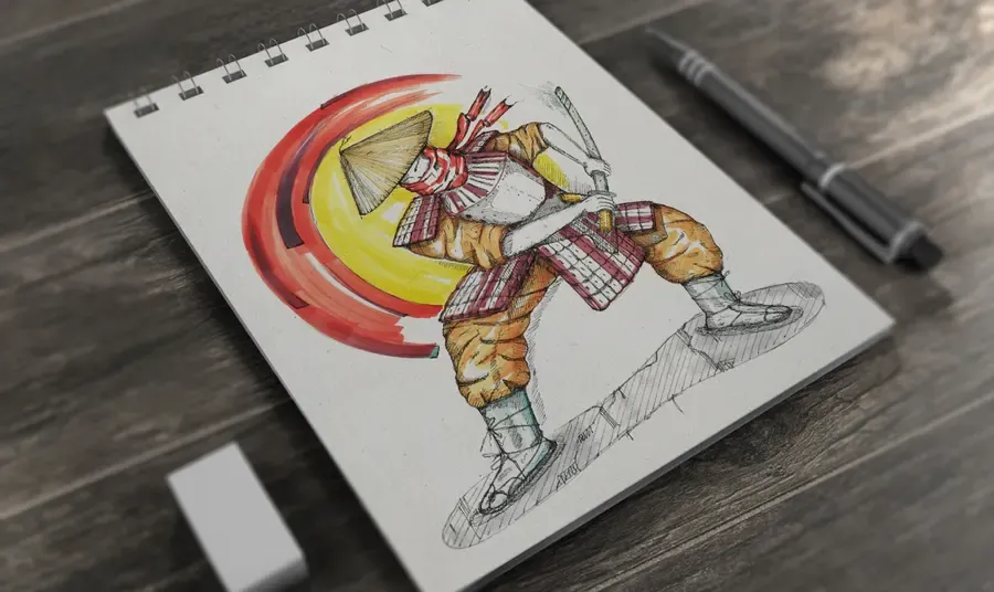 Marker and pen sketch of a samurai figure on a sketchpad