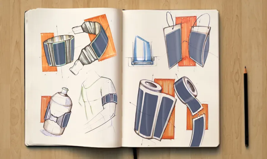 Sketchbook spread of marker studies for containers and bands