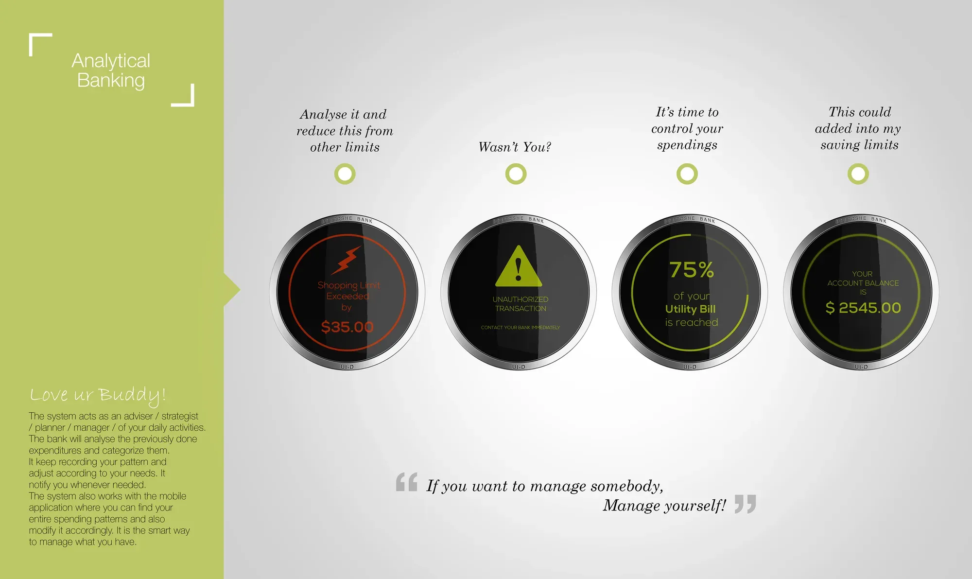 Four states of the round gadget: shopping limit exceeded, unauthorised transaction, utility bill reached and account balance