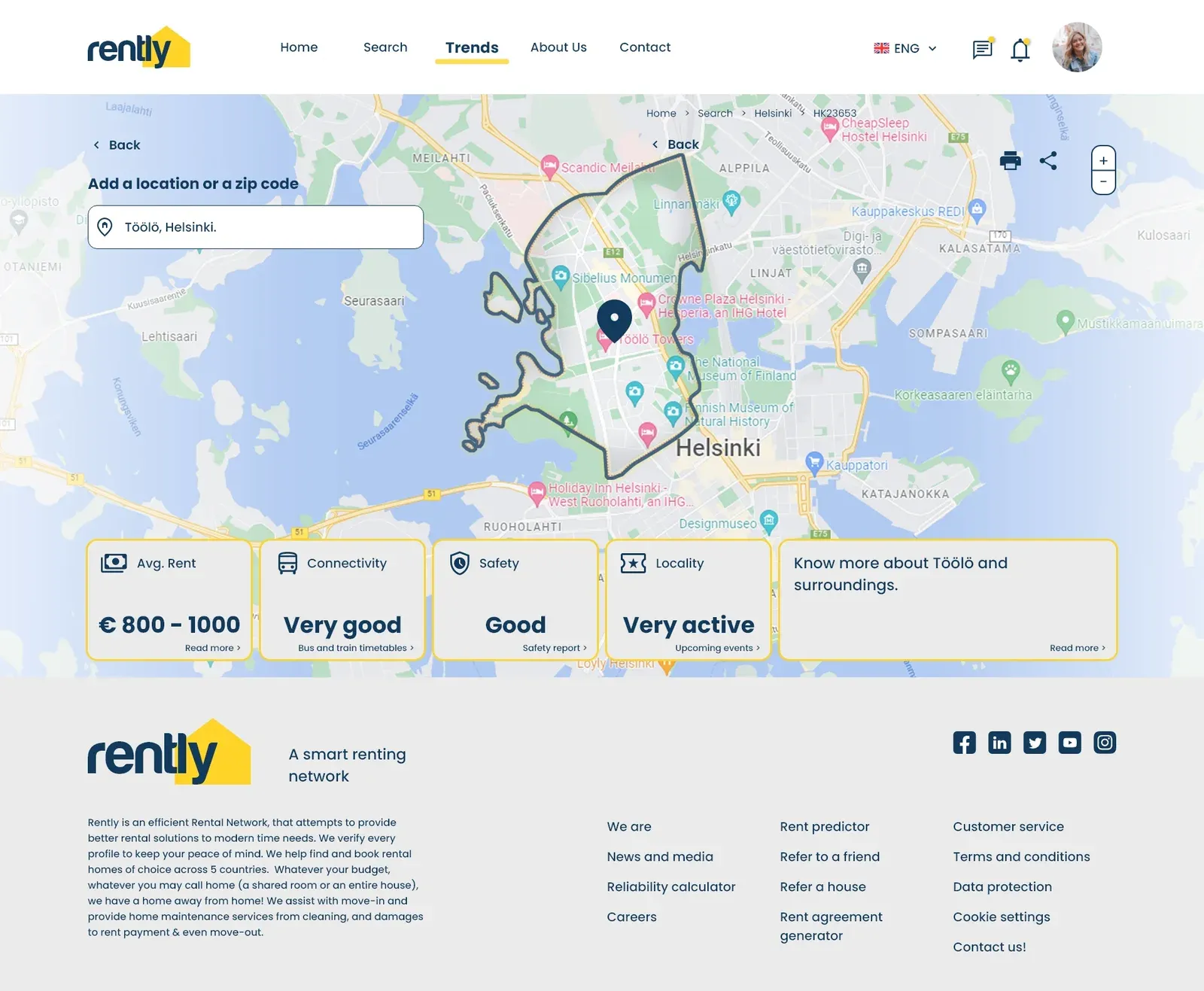 A map of an area in Helsinki with average rent, connectivity, safety and locality shown below