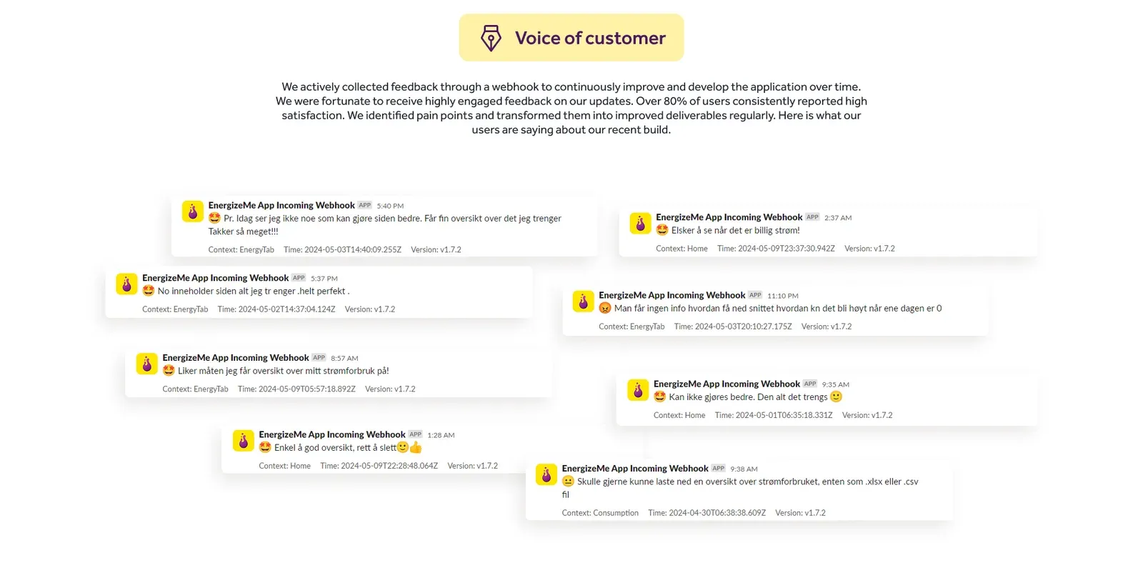 Customer feedback messages from the app’s feedback channel