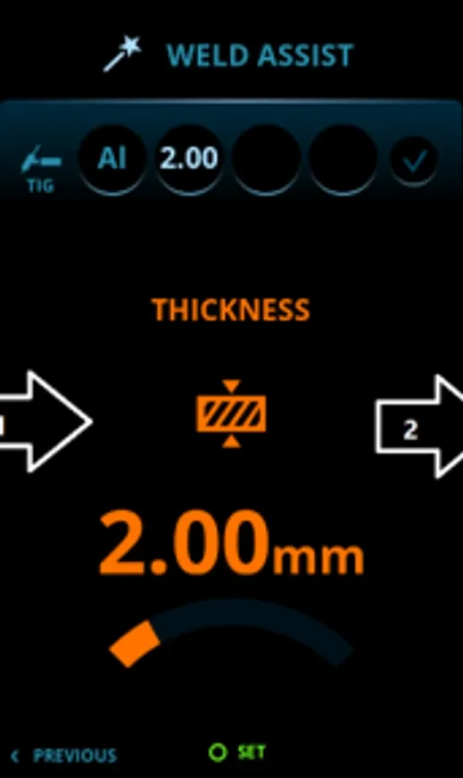 The Weld Assist thickness screen showing 2.00 mm