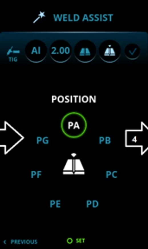The Weld Assist position screen with PA selected