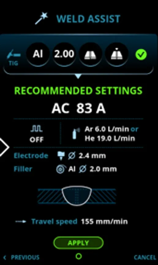 The Weld Assist recommended settings screen for aluminium, 2.00 mm