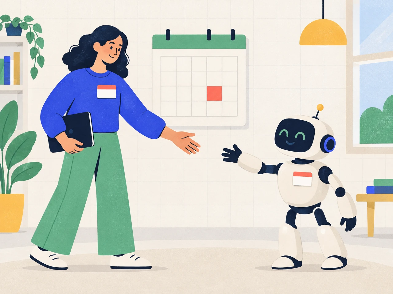 A person and a small friendly robot, both with blank name stickers, reaching toward each other in front of a wall calendar