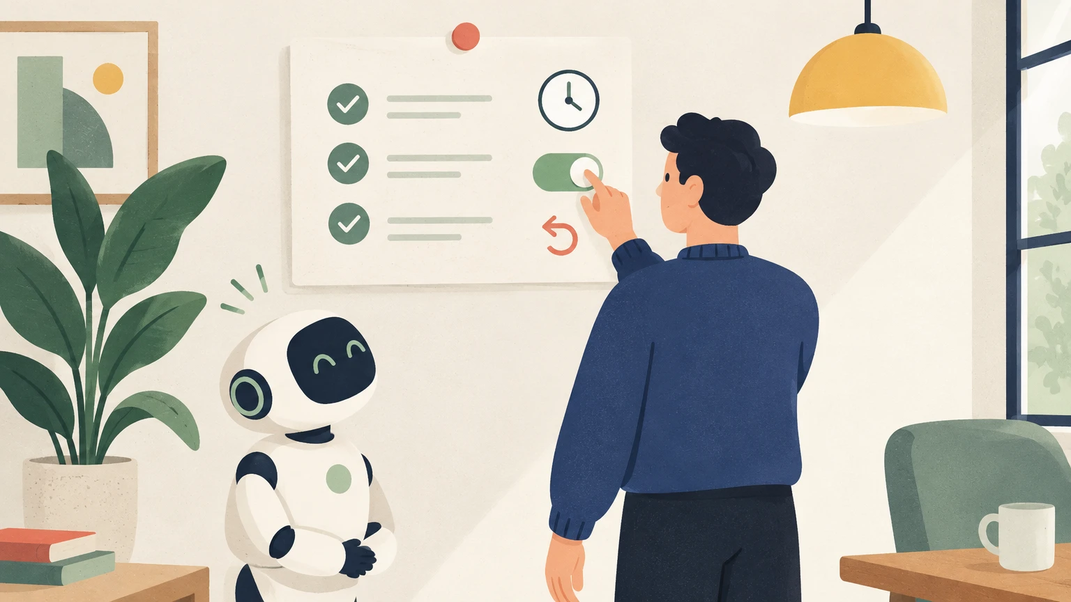 Illustration: a person adjusts a toggle on a pinned card of checklist, clock and undo icons while a robot watches