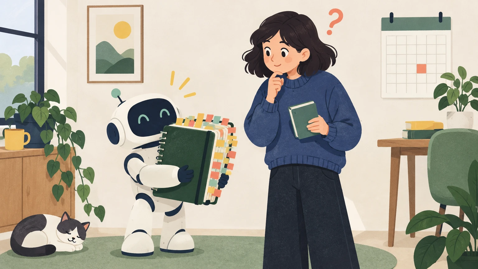 Illustration: a robot proudly holds a thick notebook of notes about the person, who holds a small empty notebook and looks puzzled