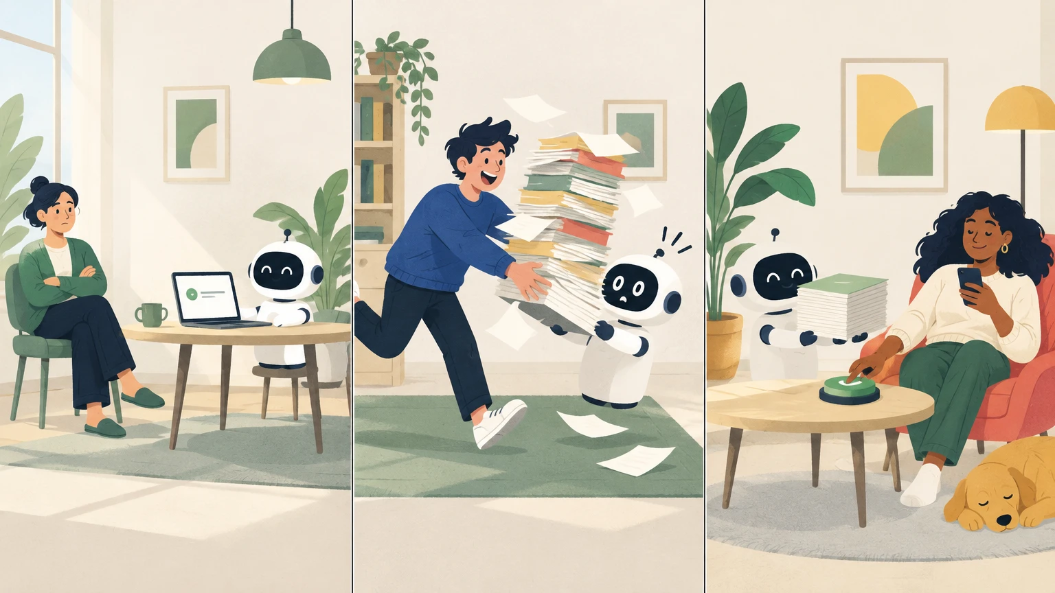 Illustration: three users with the same robot. One keeps a distance with folded arms, one dumps a huge pile of papers on it, one taps approve without looking